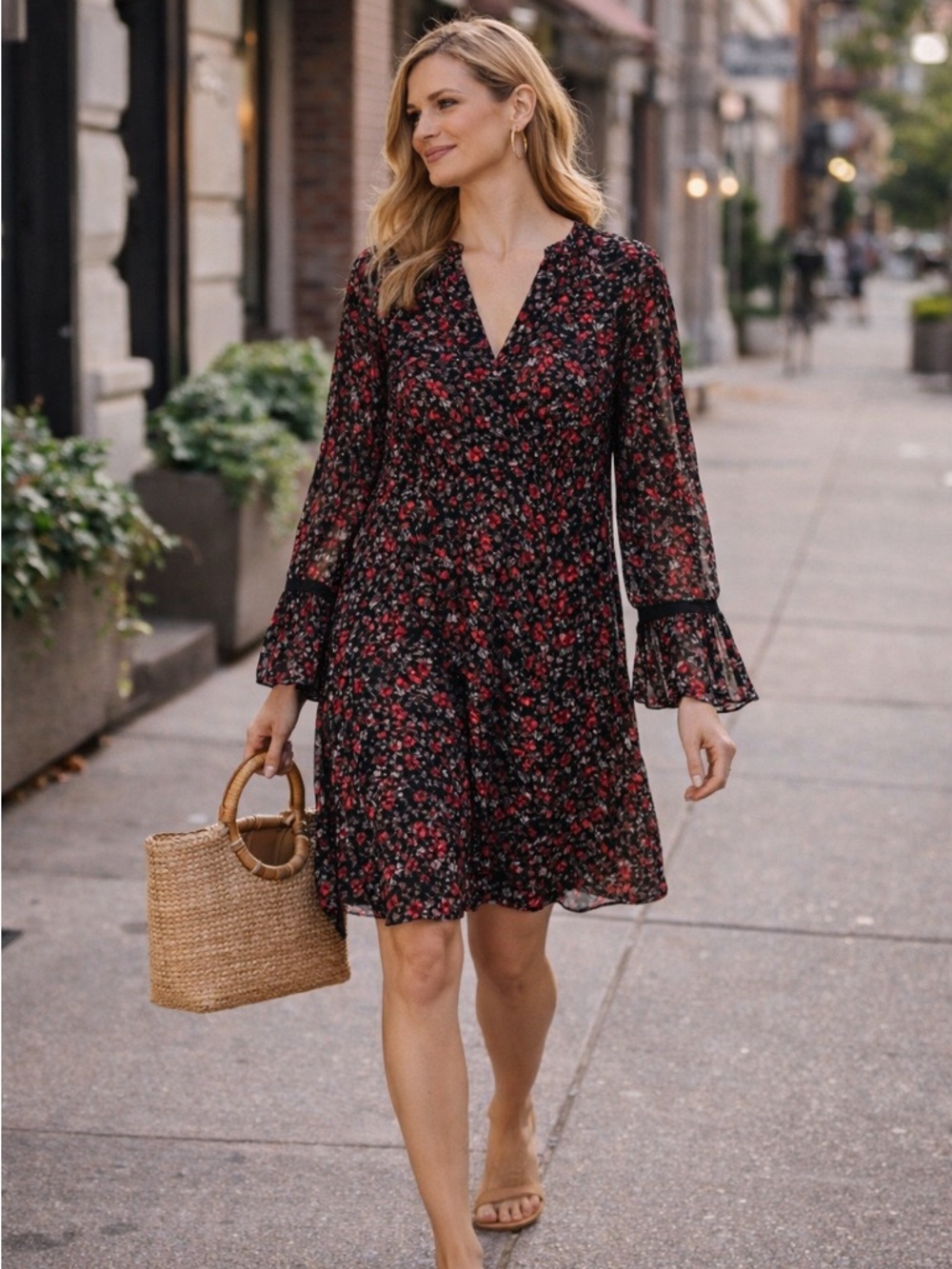 Libby Edelman Black Floral Dress 🌹 Red Print V-Neck Boho Chic Flowy Feminine